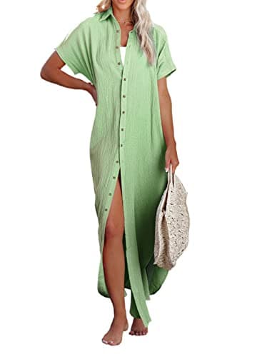 Dokotoo Swimsuit Beach Cover Ups for Women 2025 Vacation Outfits Summer Dresses Button Down Long Kimonos Cardigan Short Sleeve Side Split Casual Solid Loose Fit Fashion Bathing Suit Green Small - Image 1