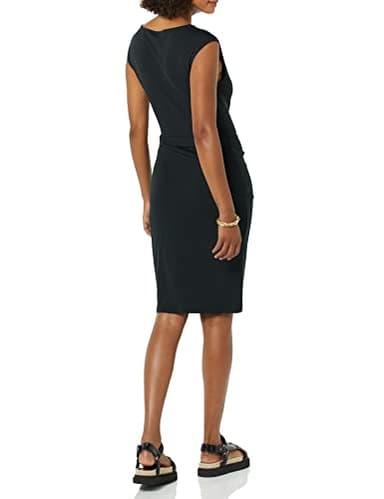 Amazon Essentials Women's Cap Sleeve Boat-Neck Faux Wrap Dress, Black, Medium - Image 2