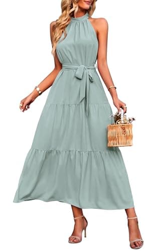 PRETTYGARDEN Women's Summer Maxi Sun Dress Sleeveless Halter Neck Flowy Ruffle Hem Long Boho Dresses with Belt (Solid Light Green,Large) - Image 1