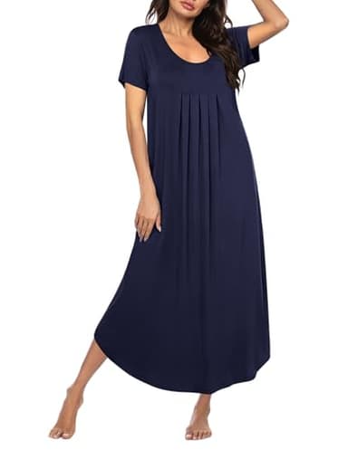 Ekouaer Long Nightgowns for Women Soft House Dress Pleated Front Nightshirt Full Length Loungwear Navy Blue XXXL - Image 1