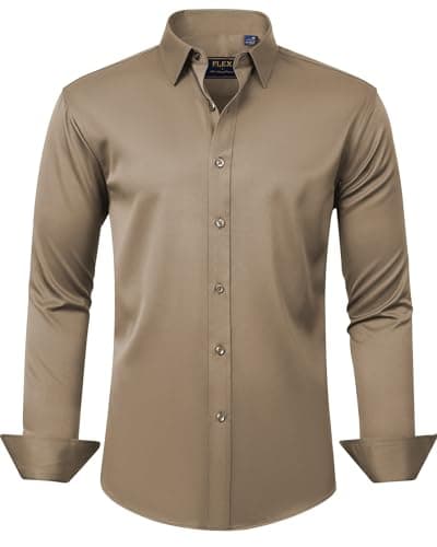 J.VER Men's Dress Shirts Solid Long Sleeve Stretch Wrinkle-Free Formal Shirt Business Casual Button Down Shirts Dark Khaki XL - Image 1