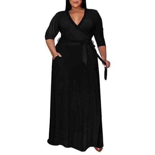 Runwind Plus Size Dress for Women - 3/4 Sleeve V Neck Maxi Dresses for Women Black 2XL - Image 1