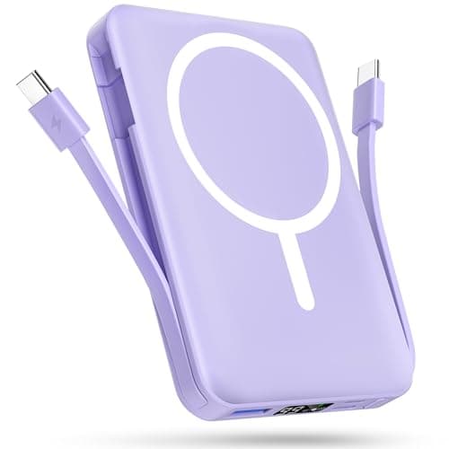 podoru for Magsafe Battery Pack, 10000mAh Magnetic Power Bank Built-in Double USB-C Cables 22.5W PD Fast Charging LED Display Wireless Portable Charger for iPhone 16/15/14/13/12/ All Series-Purple - Image 1