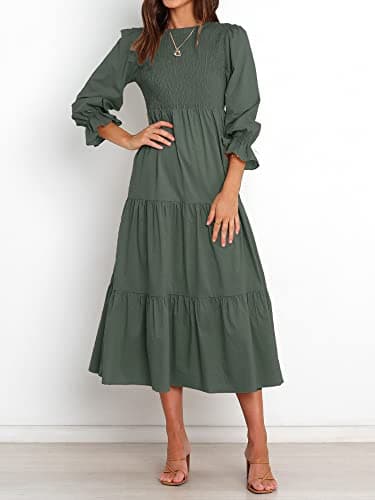 BTFBM Women Casual Long Sleeve Dress Fall Dresses 2025 Solid Color Relaxed Fit Smocked Tiered Flowy Boho Long Dresses(Solid Army Green,Large) - Image 4