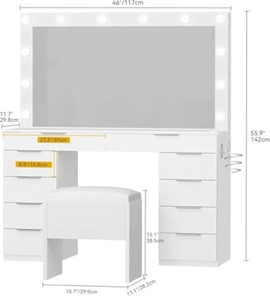 DWVO 46'' Glass Top Makeup Vanity with 10 Drawers, Vanity Desk Set with Large LED Mirror, Built-in Charging Station & Cushioned Storage Chair, Dressing Table with 3-Color Light Modes, Cream White - Image 6