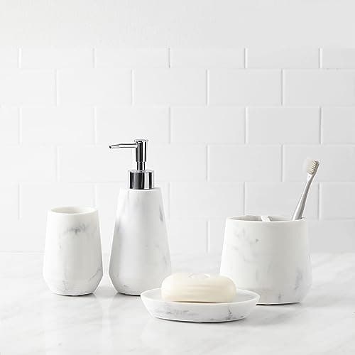 QL DESIGN 4 Piece Modern Bathroom Accessory Set with Marbled Style and Geometric Design Includes Lotion Dispenser, Toothbrush Holder, Tumbler, Soap Dish (Mordern Style Marble) - Image 1