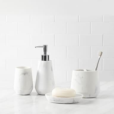 QL DESIGN 4 Piece Modern Bathroom Accessory Set with Marbled Style and Geometric Design Includes Lotion Dispenser, Toothbrush Holder, Tumbler, Soap Dish (Mordern Style Marble) - Image 1