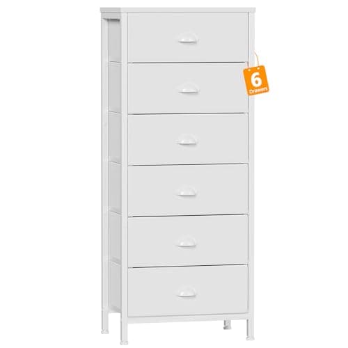Furnulem White Tall Dresser for Bedroom,Vertical Storage Tower Unit and End Table with 6 Fabric Drawers, Nightstand Furniture with Drawer Organizer in Living Room,Closet,Entryway,Hallyway - Image 1