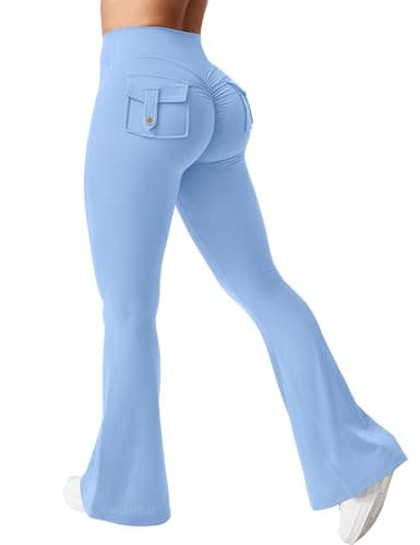 YEOREO CoreFlex Flare Leggings with Pockets for Women Scrunch Workout Leggings Butt Lifting Gym Yoga Pants Light Blue - Image 1