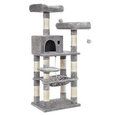 FEANDREA Cat Tree, Cat Tower for Indoor Cats, 56.3-Inch Cat Condo with Scratching Posts, Hammock, Plush Perch, Light Gray UPCT15W - Image 1