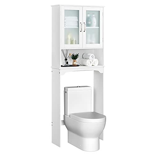 Yaheetech Over The Toilet Storage Cabinet with Double Tempered Glass Doors and Adjustable Shelf, Freestanding Bathroom Storage Rack, 66 Inches Height - Image 1