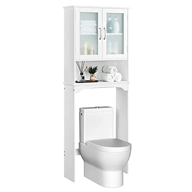 Yaheetech Over The Toilet Storage Cabinet with Double Tempered Glass Doors and Adjustable Shelf, Freestanding Bathroom Storage Rack, 66 Inches Height - Image 1
