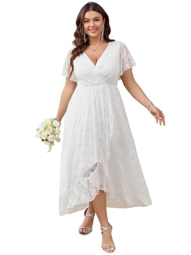 SCOMCHIC Womens Plus Size Wedding Guest Dress Formal Lace Wrap V Neck High Low Short Sleeve Cocktail Maxi Dresses XL-4XL White - Image 1