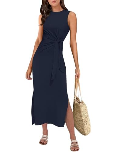 ANRABESS Womens Summer Casual Sleeveless T Shirt Midi Dress Slim Fit Tie Waist Split Tank Long Dresses 2025 Vacation Sundress Navy Blue Large - Image 1