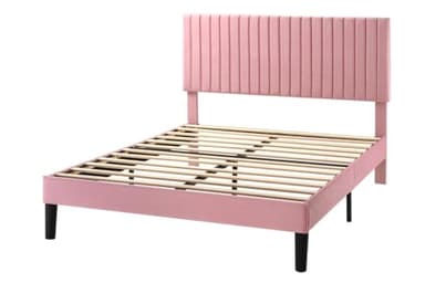 SHA CERLIN Queen Upholstered Platform Bed Frame with Adjustable Headboard/Vertical Channel Tufted Velvet Fabric/Wooden Slats Support/Mattress Foundation/Box Spring Optional/Pink - Image 8