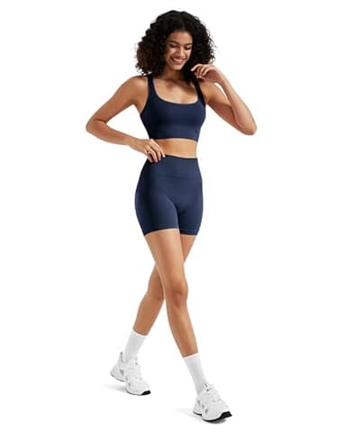 RXRXCOCO Seamless Workout Sets for Women 2 Piece Strappy Sports Bras Scrunch Butt Booty Shorts Matching Yoga Outfits Navy Medium - Image 4