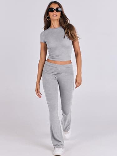 ANRABESS Lounge Sets for Women 2 Piece Foldover Yoga Flare Leggings Pants Crop Tops Casual Y2K Outfits Matching Tracksuit Set Grey Grey Medium - Image 9
