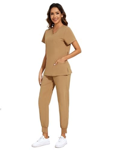 COZYFIT Scrubs for Women Set - Stretch V-Neck Scrub Top & Jogger Pant with 8 Pockets, Yoga Waistband, Anti Wrinkle, Slim Fit Women Scrubs - Khaki, XXL, Tall - Image 3