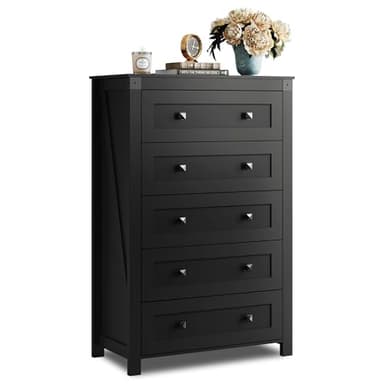 WLIVE Farmhouse 5 Drawer Dresser for Bedroom, Wood Dresser Storage Organizer, Tall Black Dressers with Double Rustic Handle, Chest of Drawers for Living Room, Hallway, Closet - Image 1