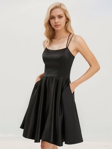 GOOSPRAN Homecoming Dresses for Teens Knee Length Spaghetti Strap with Pockets Satin Backless Prom Dress Black 4 - Image 7