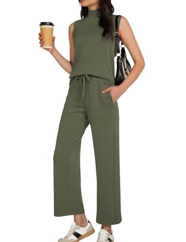 Casly Lamiit Lounge Sets for Women Spring Summer Sleeveless Mock Neck Top Cropped Pants Mathcing Set Airport Outfits Tracksuit 2025 Athleisure Clothes Sweat Suit Army Green Petite XS - Image 1