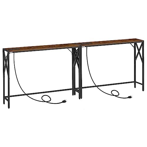 MAHANCRIS 78.7'' Narrow Sofa Table with Charging Station, 2 Pack Skinny Console Table, Long Entryway Hallway Couch Table with Power Outlets, Rustic Brown CTHR151E01S2 - Image 1