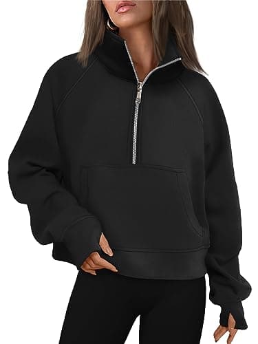 AUTOMET Womens Sweatshirts Half Zip Cropped Pullover Fleece Quarter Zipper Sweater Hoodies 2025 Fall Fashion Outfits Clothes Black Large - Image 1