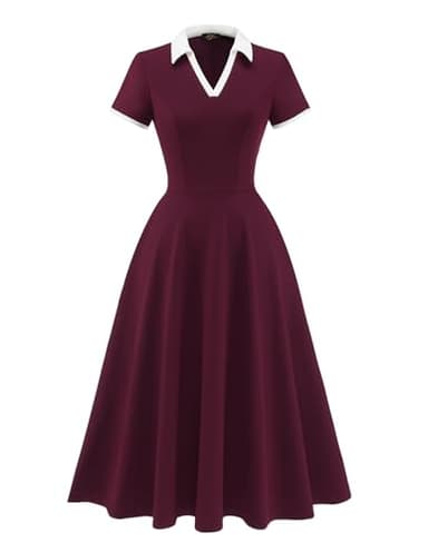 Dressystar Women V Neck 1950s Vintage Short Sleeves Dress Retro A Line Swing Rockabilly Cocktail Party Dresses with Pockets Burgundy L - Image 1