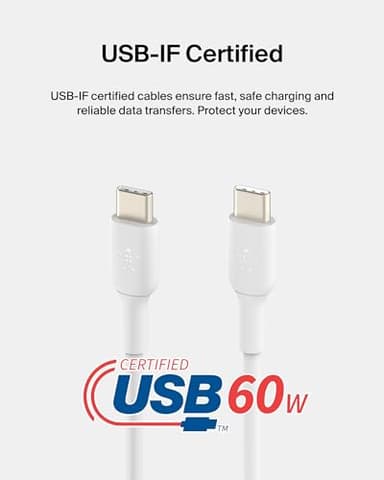 Belkin USB-C to USB-C Fast Charging Cable (2M/6.6ft) for iPhone 16, iPhone 16 Pro, iPhone 16 Pro Max, Galaxy S25, S24, Note, Pixel, iPad Pro, Nintendo Switch 2, Carplay & More - White - Image 3
