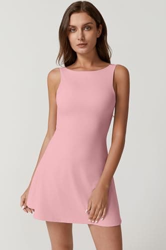 QINSEN Exercise Workout Dress for Women Boat Neck Sleeveless Flare Tennis Dress with Shorts Pockets Pink L - Image 5