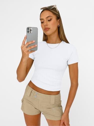 AUTOMET Womens Short Sleeve T Shirts Basic Summer 2025 Workout Tops Crew Neck Gym Crop Tops Trendy Y2K Clothes White M - Image 6