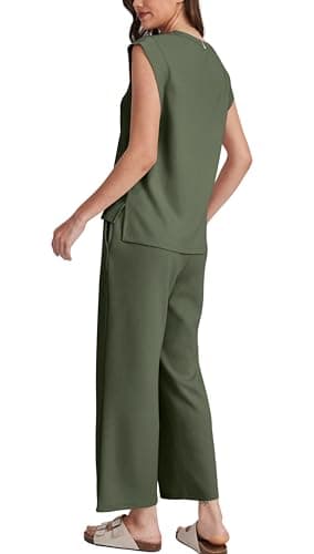 OFEEFAN Womens Summer Outfits Two Piece Sets Comfy Matching Lounge Sets Side Split Plus Size Airport Travel Outfits Luxury Womens Fashion Olive M - Image 6
