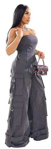 BOKITECAO Womens Cargo Jumpsuit Sexy One Piece Outfit Wide Leg Romper Multi Pockets Overalls - Image 3