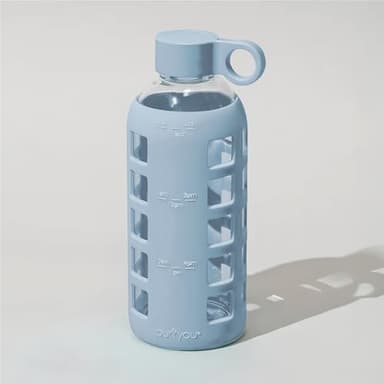 purifyou 40oz / 32oz / 22oz / 12oz Borosilicate Glass Water Bottle with Time & Volume Markers, Silicone Sleeve, Stainless Steel Lid | Reusable Glass Bottle for Water & Juice (22oz Ice Blue) - Image 9