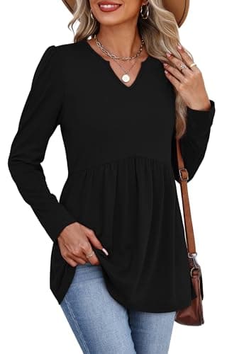 Long Sleeve Shirts for Women Fall V Neck Babydoll Tops Black Maternity Clothes Plus Size Winter Clothing XL - Image 4