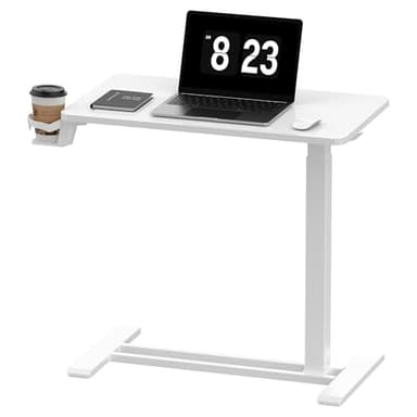 FLEXISPOT H7 Adjustable Overbed Bedside Table with Wheels Pneumatic Mobile Standing Desk Laptop Desk Rolling Computer Cart Movable Overbed Table Hospital Home Use(27.6" W x 15.7" D, White) - Image 1