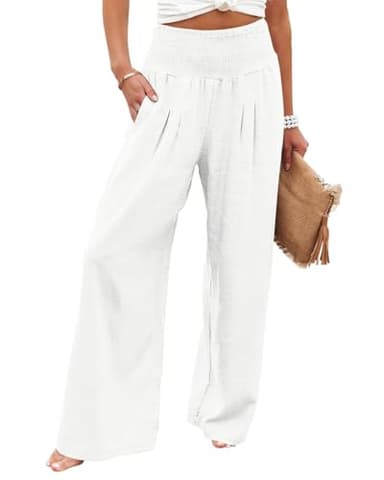 Angerella Women's Wide Leg Lounge Pants with Pockets Lightweight High Waisted Summer Beach Loose Flowy Trousers White XXL - Image 1
