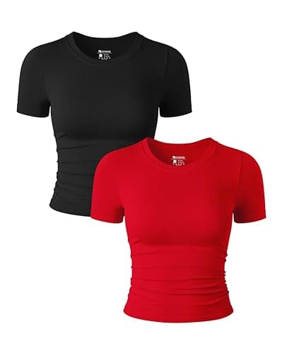 OQQ Womens 2 Piece Shirts Short Sleeve Crew Neck Ruched Stretch Fitted Tee Shirts Crop Tops Black Red - Image 1