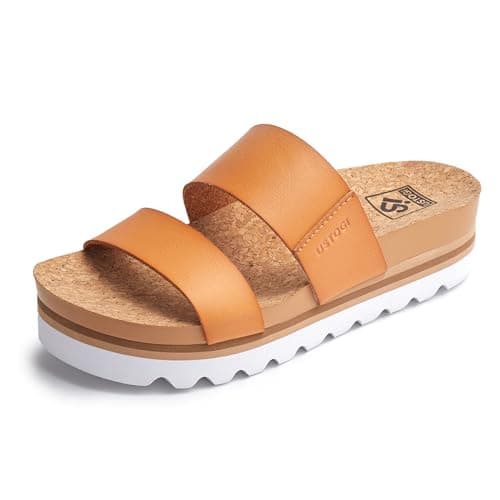 Ustogi Flatform Platform Sandals Women Arch Support Beach Slides Orthotic Summer Causal Cork Footbed Lightweight Thick Sole Comfortable Fashion Slip on Cushion Cute 2 Strap 01(6, Brown) - Image 1