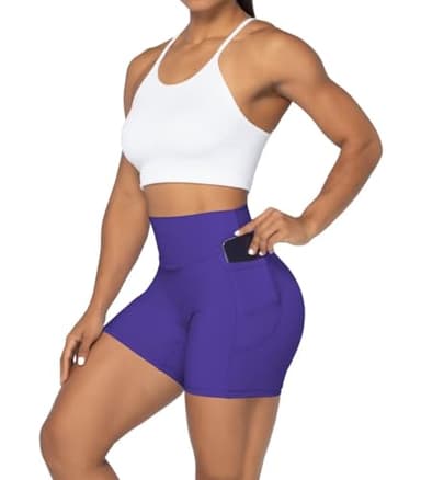Sunzel Women's No Front Seam Biker Shorts with Pockets, High Waist Tummy Control Yoga Workout Gym Bike Shorts 5" Inseam Navy Blue Medium - Image 4