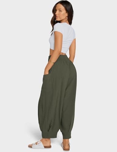 TARSE Women Linen Pants 2025 Summer Casual Loose Boho Wide Leg High Waisted Harem Pant with Pockets, ArmyGreen, L - Image 5