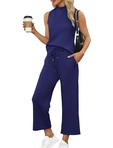 SAMPEEL Lounge Sets for Women 2 Piece 2024 Summer Casual Travel Ladies Loungewear Set Business Casual Outfits Work Mock Neck Tops Sweat Set Royal Blue M - Image 1