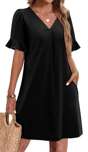 OFEEFAN Plus Size Dresses for Curvy Women Summer Short Sleeve V Neck Pleated Flowy Dresses for Women with Pockets Black 2XL - Image 1