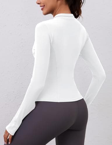 Womens Long Sleeve Workout Crop Tops Quick Dry Golf Shirt Quarter Zip Pullover Yoga Athletic Slim Fit Shirts(White,Medium) - Image 4