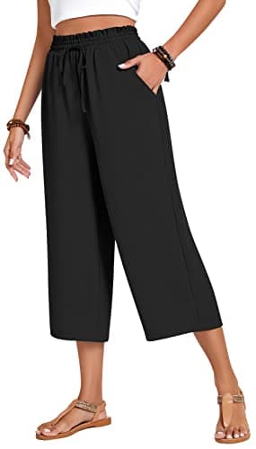 Anyhold Womens Capri Pants Loose High Waisted Wide Leg Lounge Pants Drawstring Casual Palazzo Trousers with Pockets X-Large, Black - Image 1