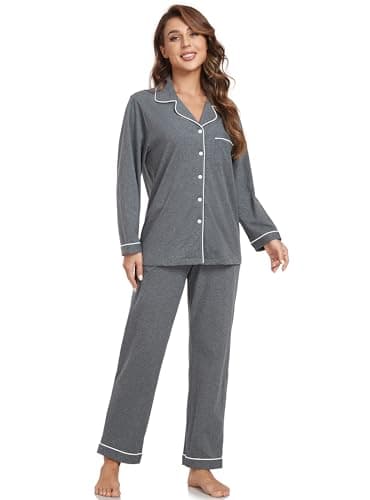 EA'S SECRET Womens Cotton Pajama Sets Long Sleeve Sleepwear Soft Button Down Loungewear Nightwear Pjs Set with Pocket S-XXL (Deep Grey,L) - Image 3