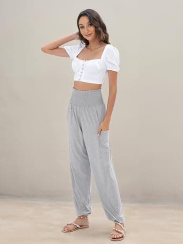 QIANXIZHAN Women's Harem Pants, High Waist Yoga Boho Trousers with Pockets Grey L - Image 7