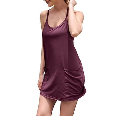 UNIANKIYA Womens Workout Romper Dress with Shorts Underneath Sleeveless Spaghetti Straps Athletic Outfits Casual Vacation Purple Red - Image 4