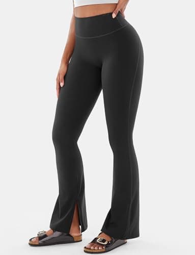 VOYJOY Womens Split Hem Legging Workout High Waist Mini Flared Leggings Casual Workout Gym Yoga Pants Black - Image 2