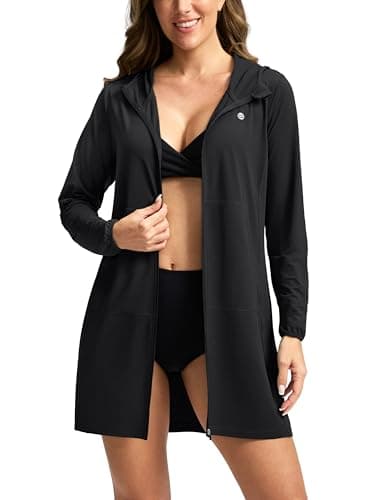 Women's UPF 50+ Swim Cover Up Sun Protection Hoodie Long Jacket SPF Lightweight Beach Cover Ups for Women(Black,L) - Image 1